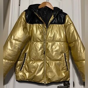 INC International Concepts Metallic Gold and Black Hooded Puffer Jacket Sz M